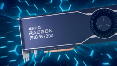 Modelos 3d de la placa Radeon W7900 con fondo hexagonal y luces azules