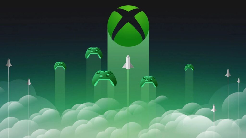 Ilustracion de controles de Xbox junto a cohetes yendo hacia el espacio